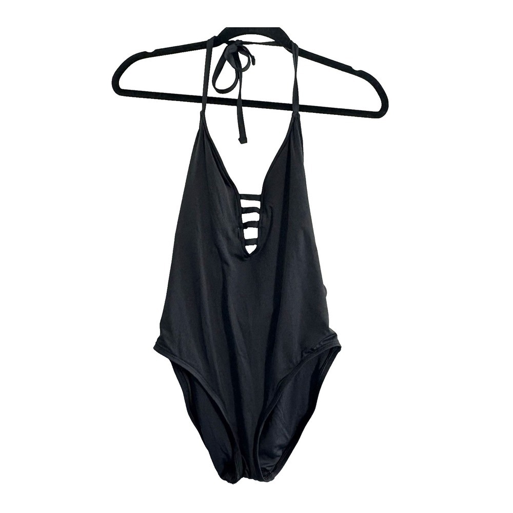 LA BLANCA Women One Piece Halter Strapy Back Swimsuit Sz 8 Black Beach 19-11